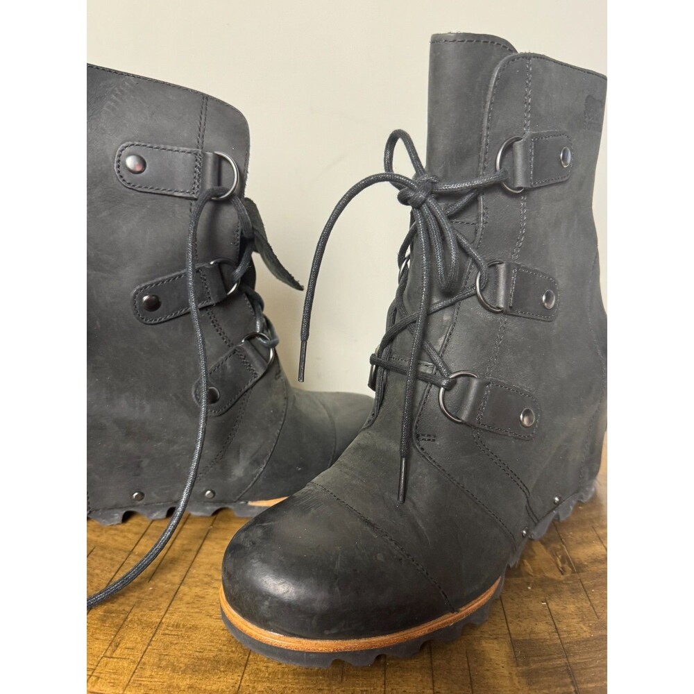 Sorel Black Leather Wedge Boots Lace Up Moto Biker Grunge Women's 9.5 - Picture 8 of 9